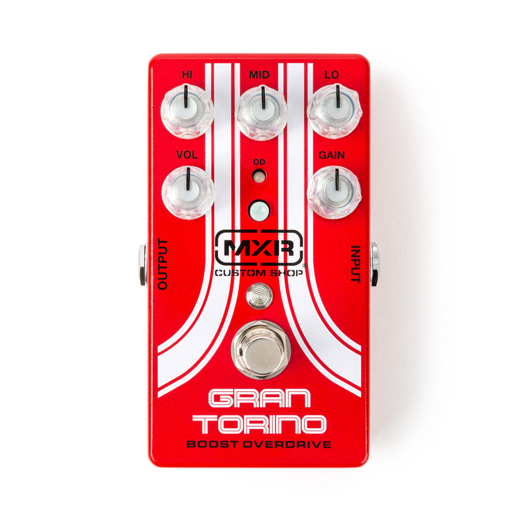 Red MXR Gran Torino Boost Overdrive guitar effects pedal with six control knobs and one footswitch.