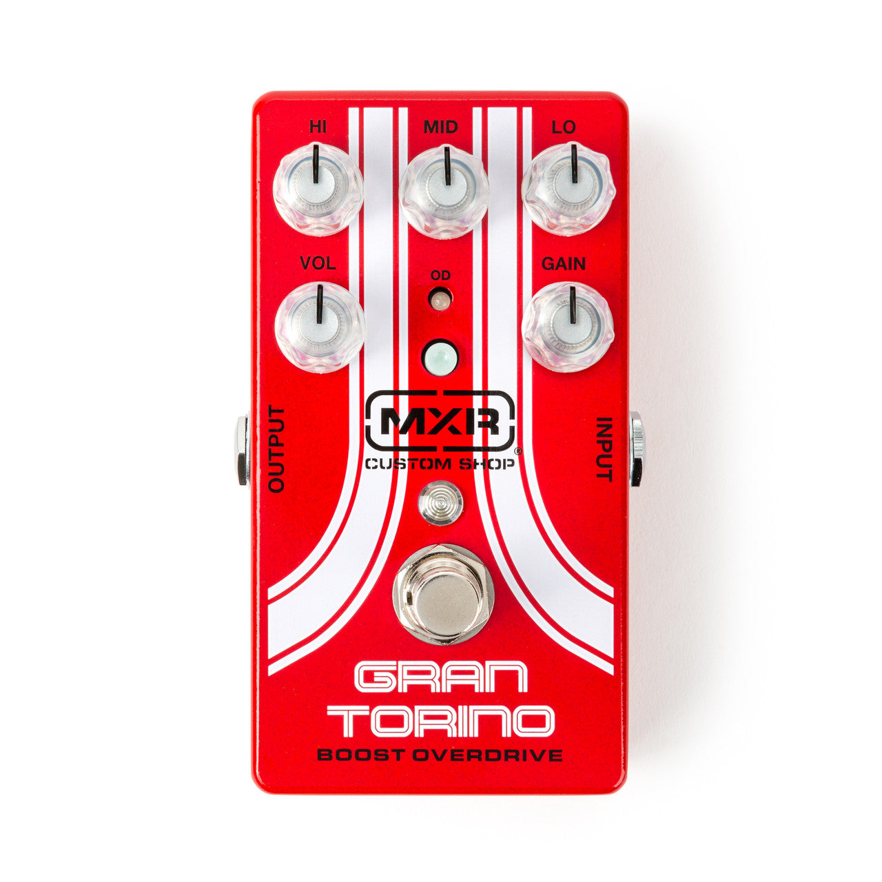 Red MXR Gran Torino Boost Overdrive guitar effects pedal with six control knobs and one footswitch.