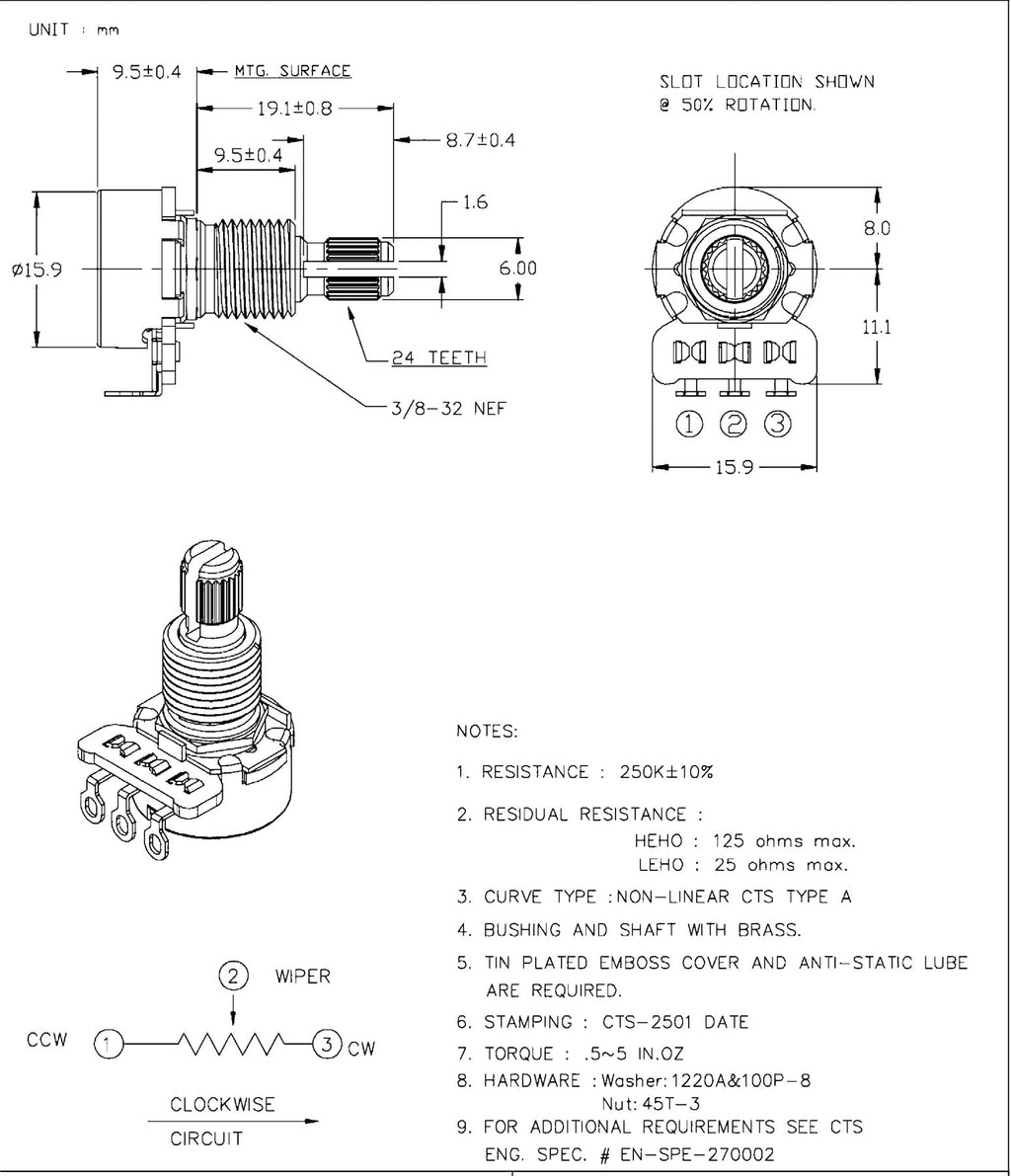 Solo Pro CTS 250K-A Split Shaft Audio Taper Vintage Style Mini Potentiometer – Imperial