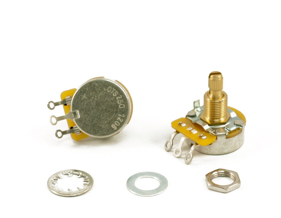 Two rotary potentiometers with solder lugs and three metal fastening parts on white background.