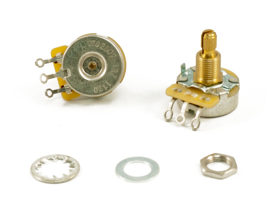 Two metal rotary potentiometers with split shafts, three solder lugs each, and three washers and a hex nut displayed on white background.