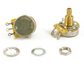 Two rotary potentiometers with split shafts and three included washers and a hex nut on a white background