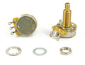 Two rotary potentiometers with three solder lugs and three mounting hardware pieces on white background