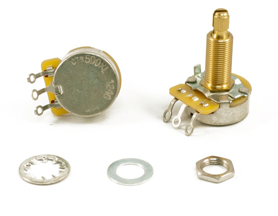 Two rotary potentiometers with three solder lugs and three mounting hardware pieces on white background