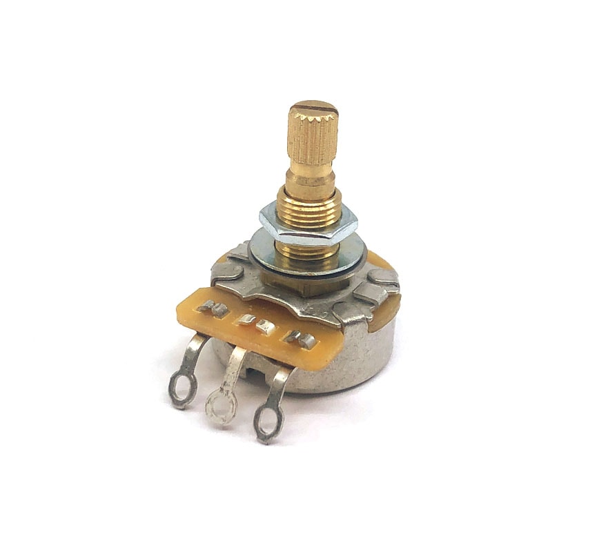 Single rotary potentiometer with three solder lug terminals, a threaded shaft, nut, and washer on a white background.