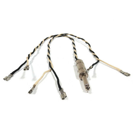 Wiring harness with twisted black and white wires, crimp terminals, and a 1/4 inch audio plug