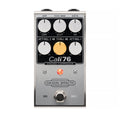 Silver guitar effects pedal with six knobs, footswitch, toggle switches, and red indicator light.