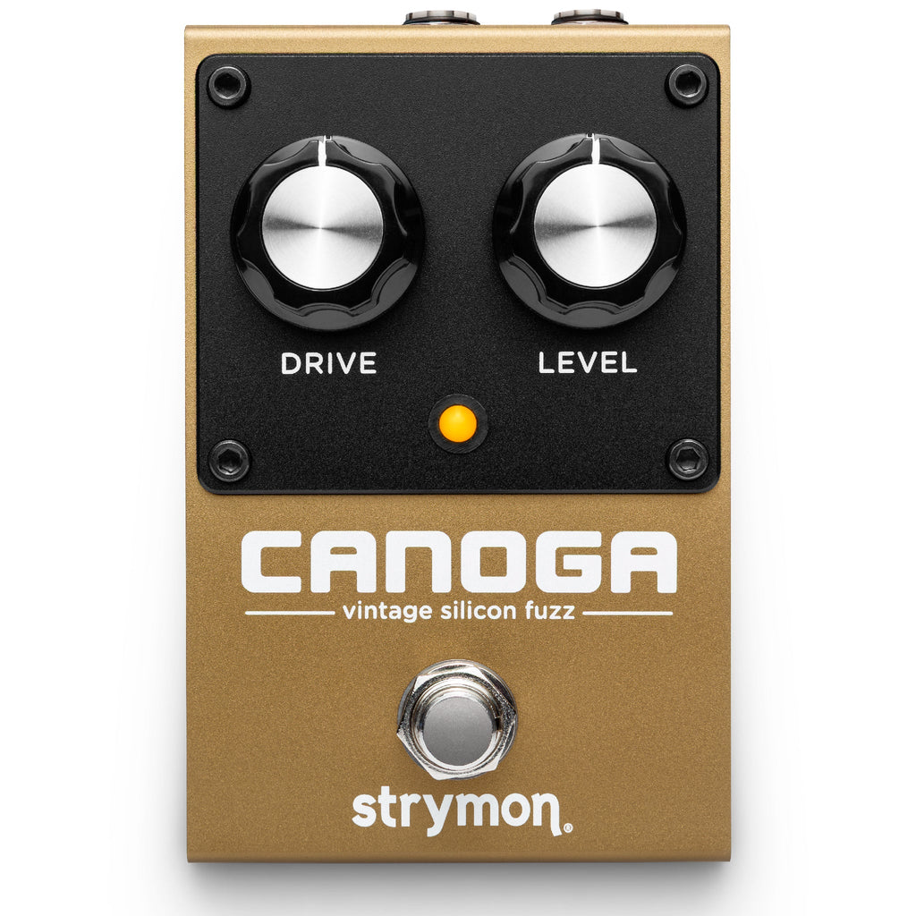Gold and black guitar effects pedal with two knobs labeled Drive and Level and a footswitch.