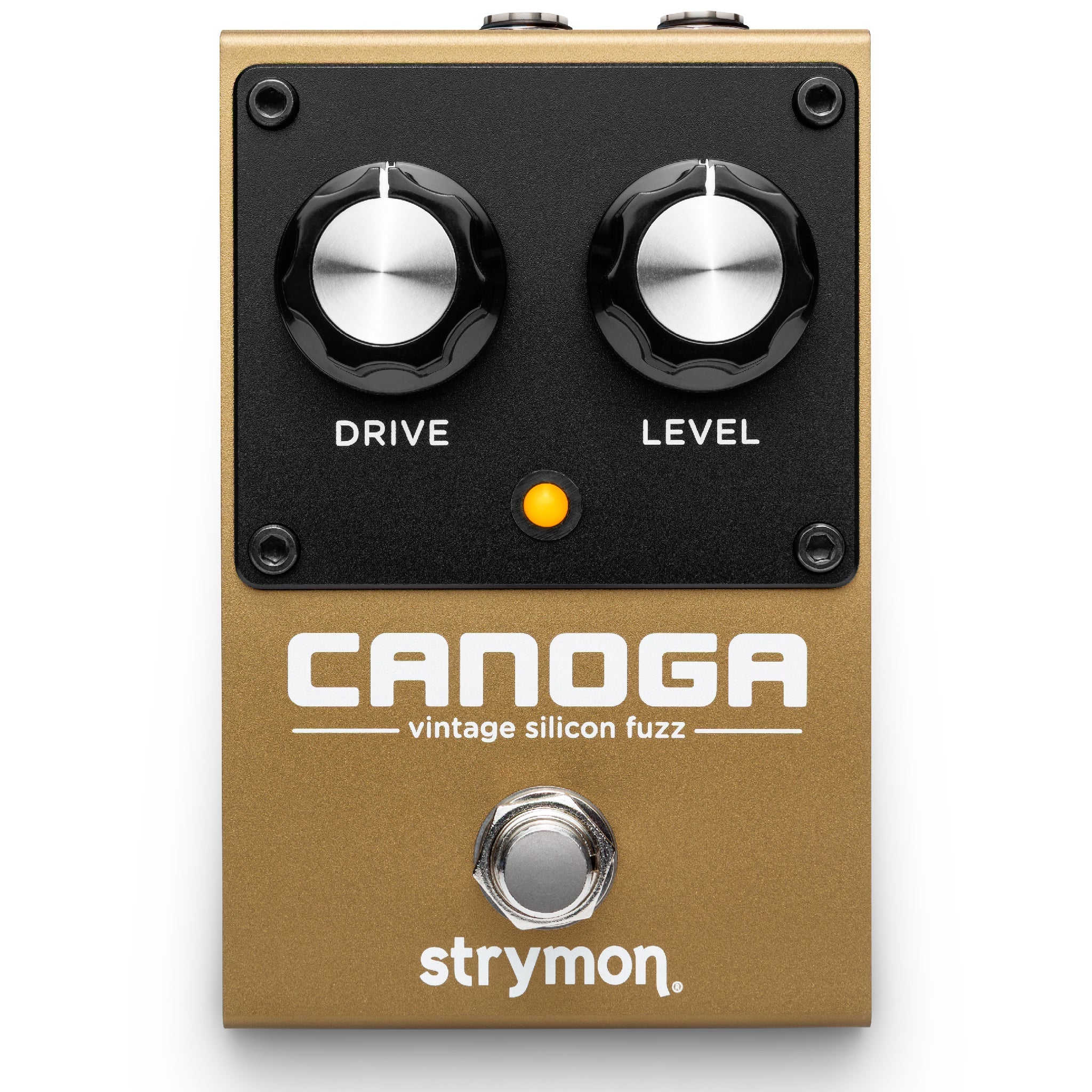 Gold and black guitar effects pedal with two knobs labeled Drive and Level and a footswitch.