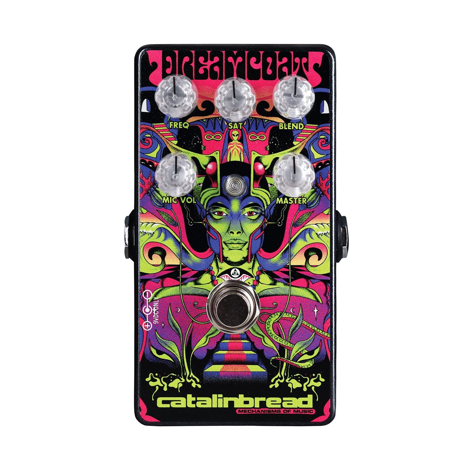 Colorful guitar effects pedal with five knobs and one footswitch showing a psychedelic design and Catalinbread logo.