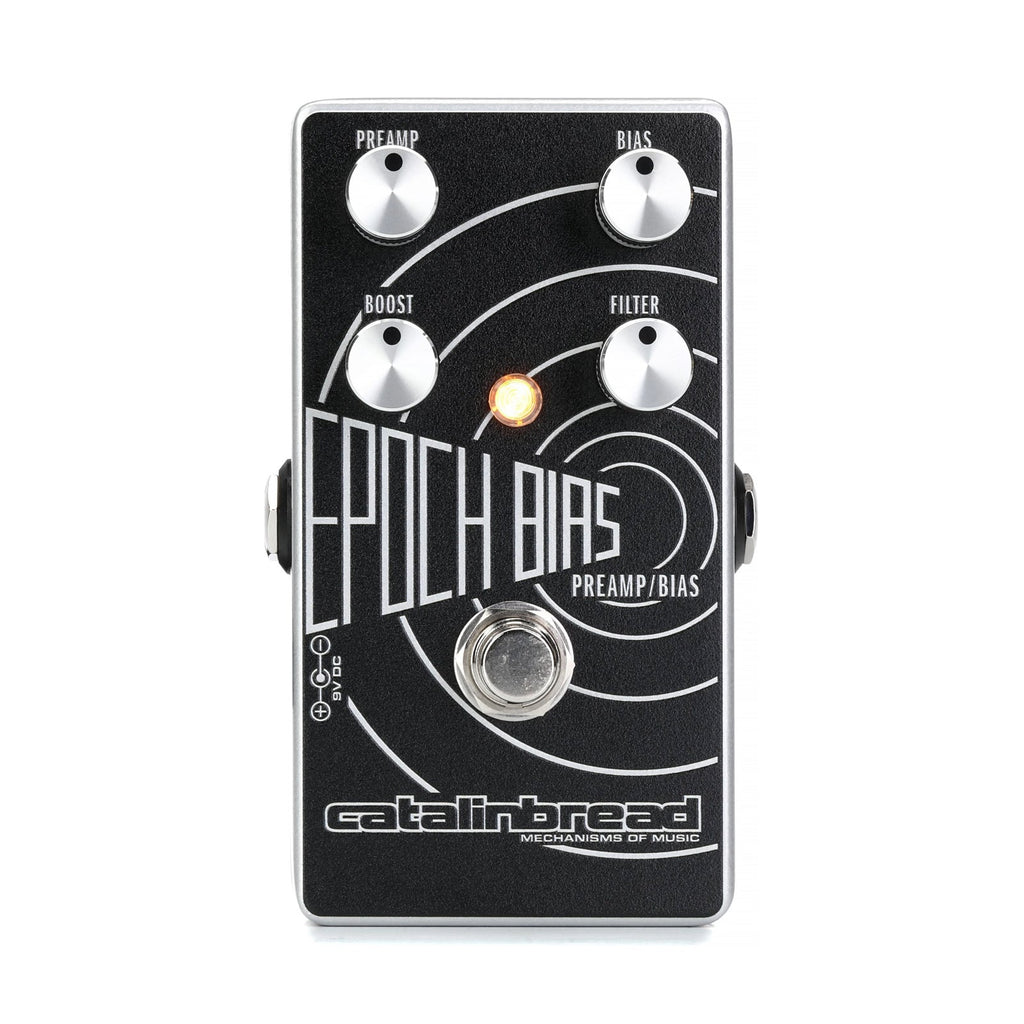 Black Catalinbread Epoch Bias preamp pedal with four control knobs, footswitch, and orange indicator light.