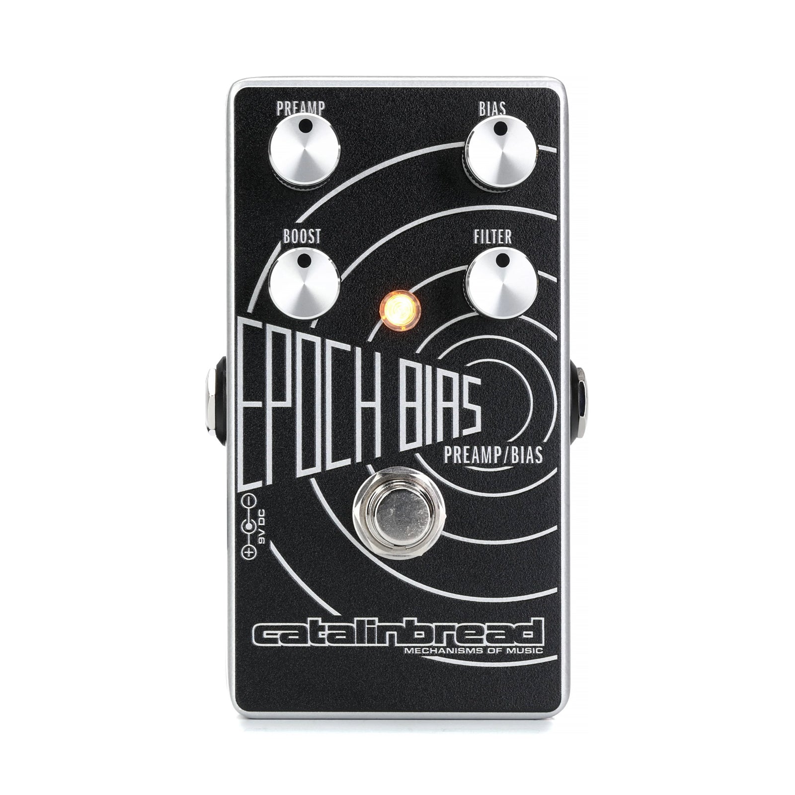 Black Catalinbread Epoch Bias preamp pedal with four control knobs, footswitch, and orange indicator light.