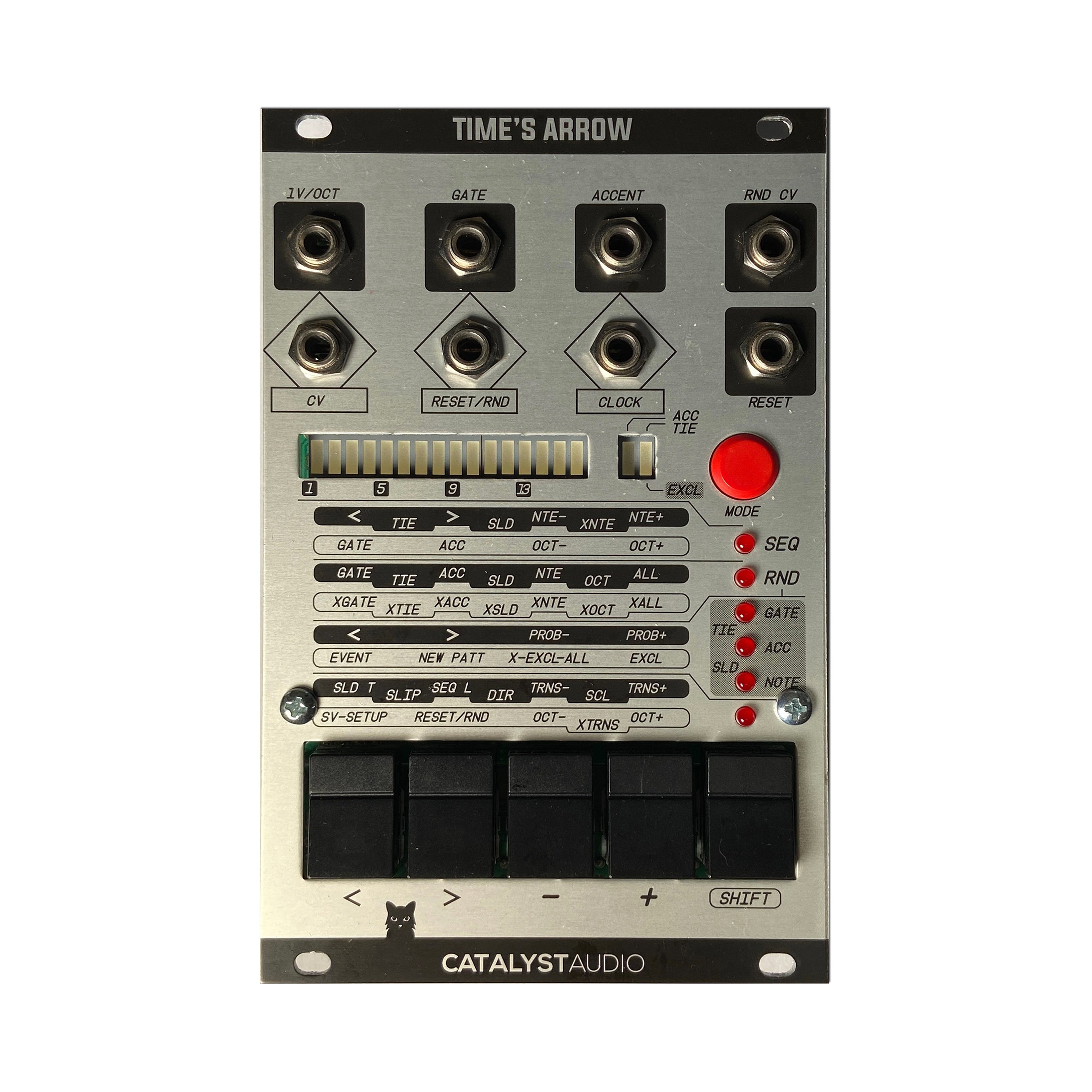 Eurorack modular synthesizer module Catalyst Audio Time's Arrow with multiple jacks, buttons, switches, and indicator LEDs.