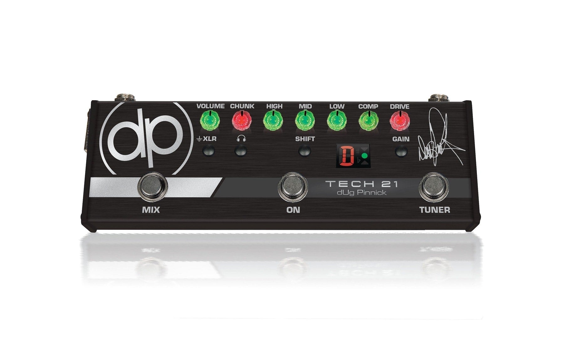 Black Tech 21 bass distortion pedal with multiple knobs, footswitches, LED display, and signature on the top panel.
