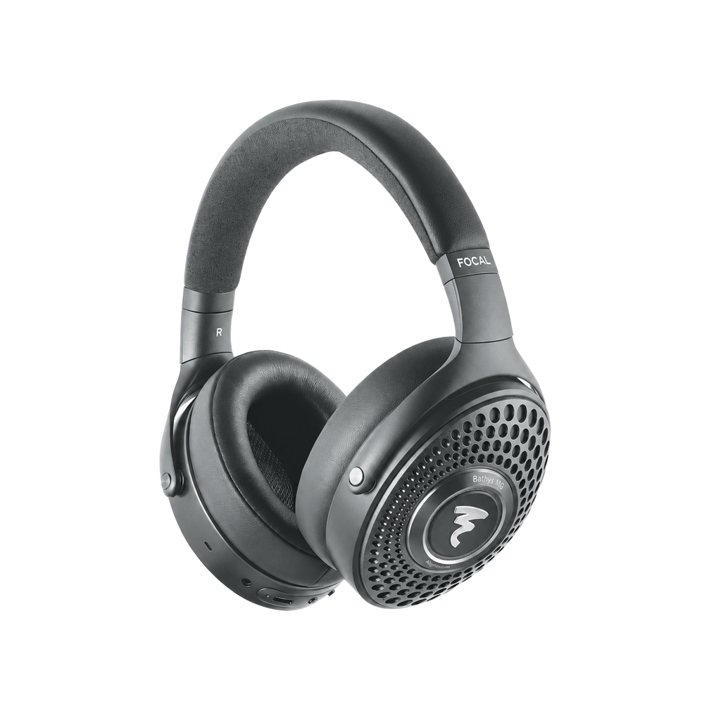 Black and grey over-ear headphones with perforated ear cups and visible brand text FOCAL and Bathys MG.