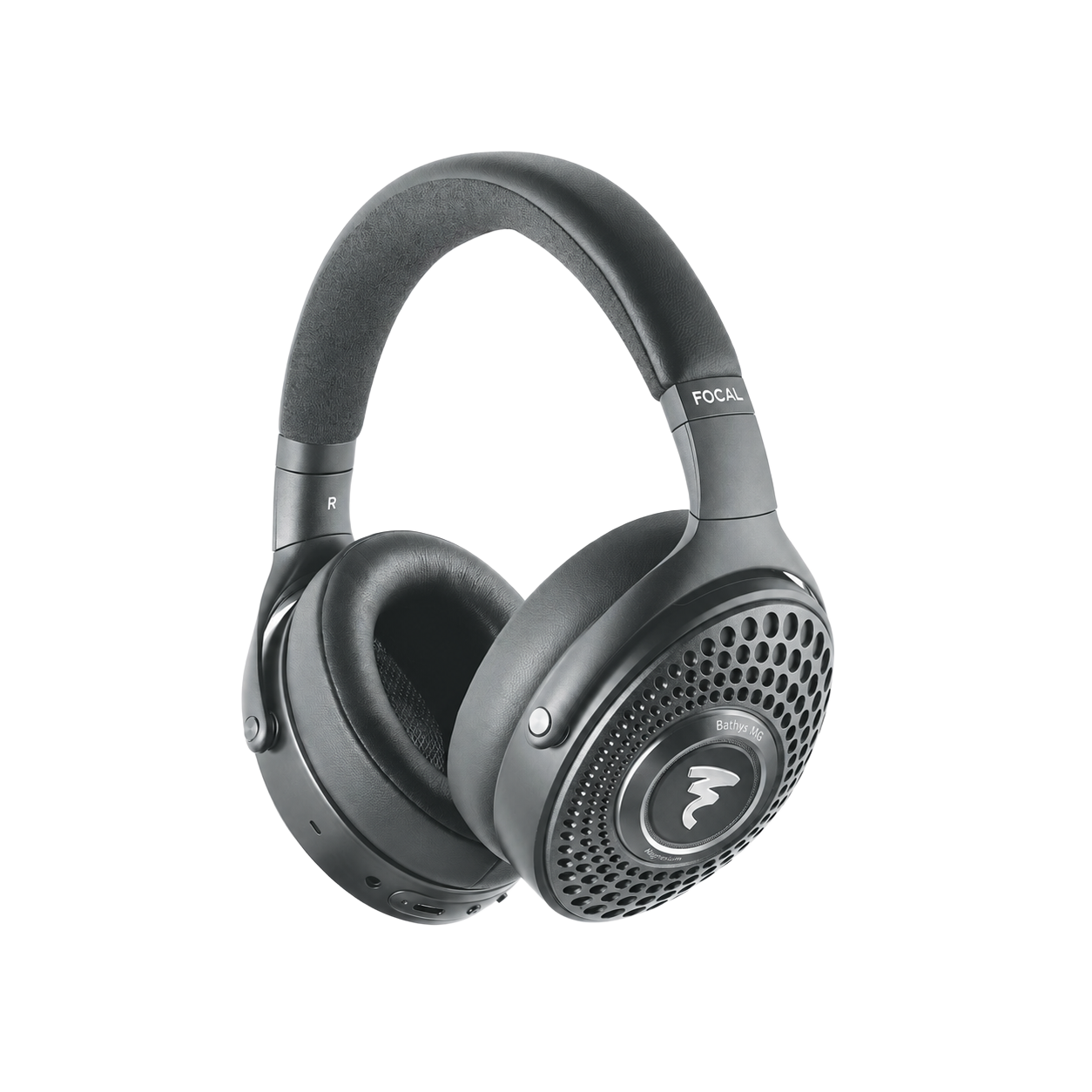 Black and grey over-ear headphones with perforated ear cups and visible brand text FOCAL and Bathys MG.