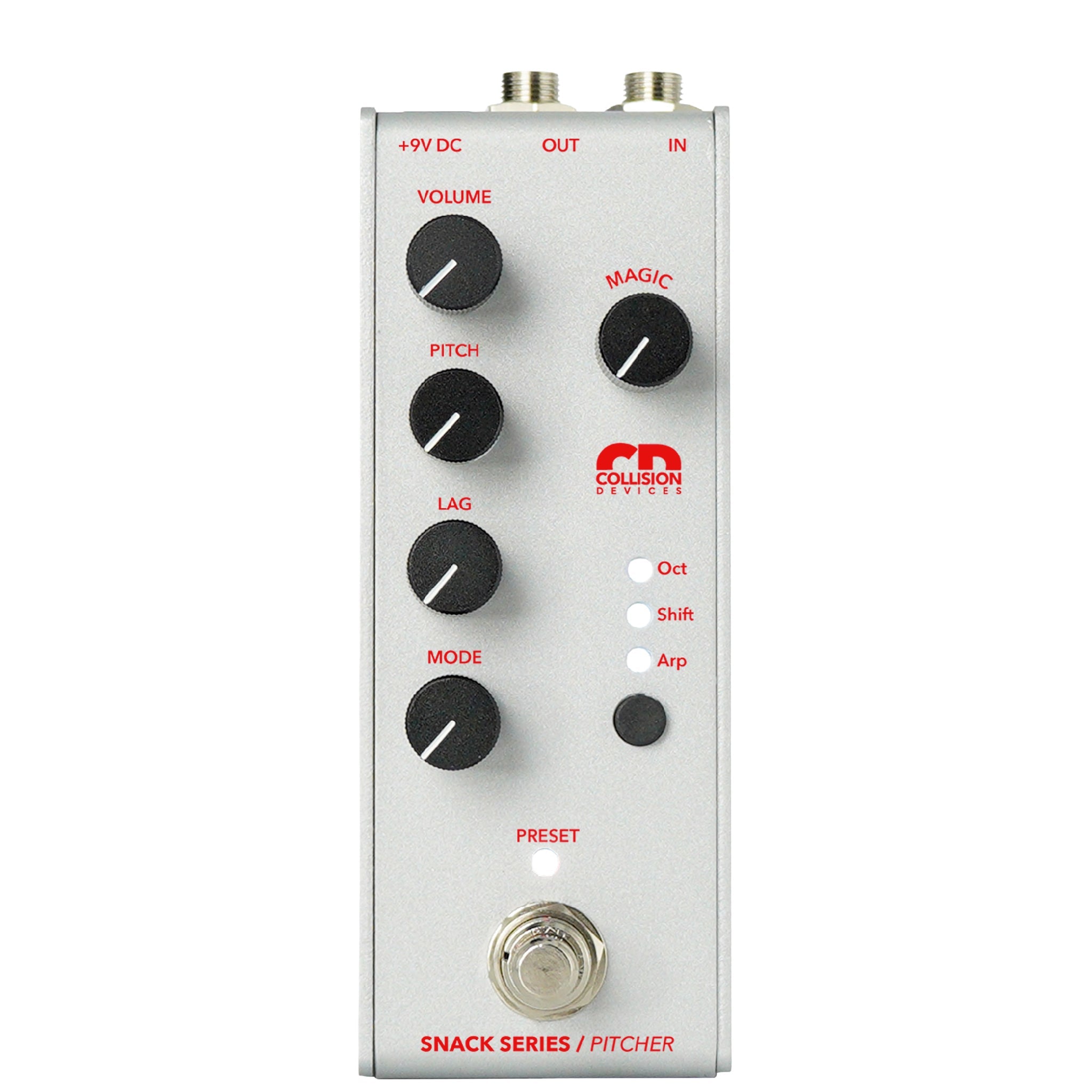 Silver pedal with five black knobs, three LED indicators, one footswitch, and three top connectors.