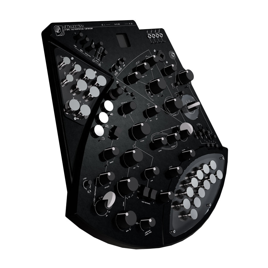 Black synthesizer module with multiple rotary knobs, toggle switches, and jacks on an angled surface.