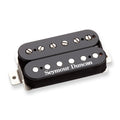 Black Seymour Duncan guitar humbucker pickup with adjustable pole screws on a white background.
