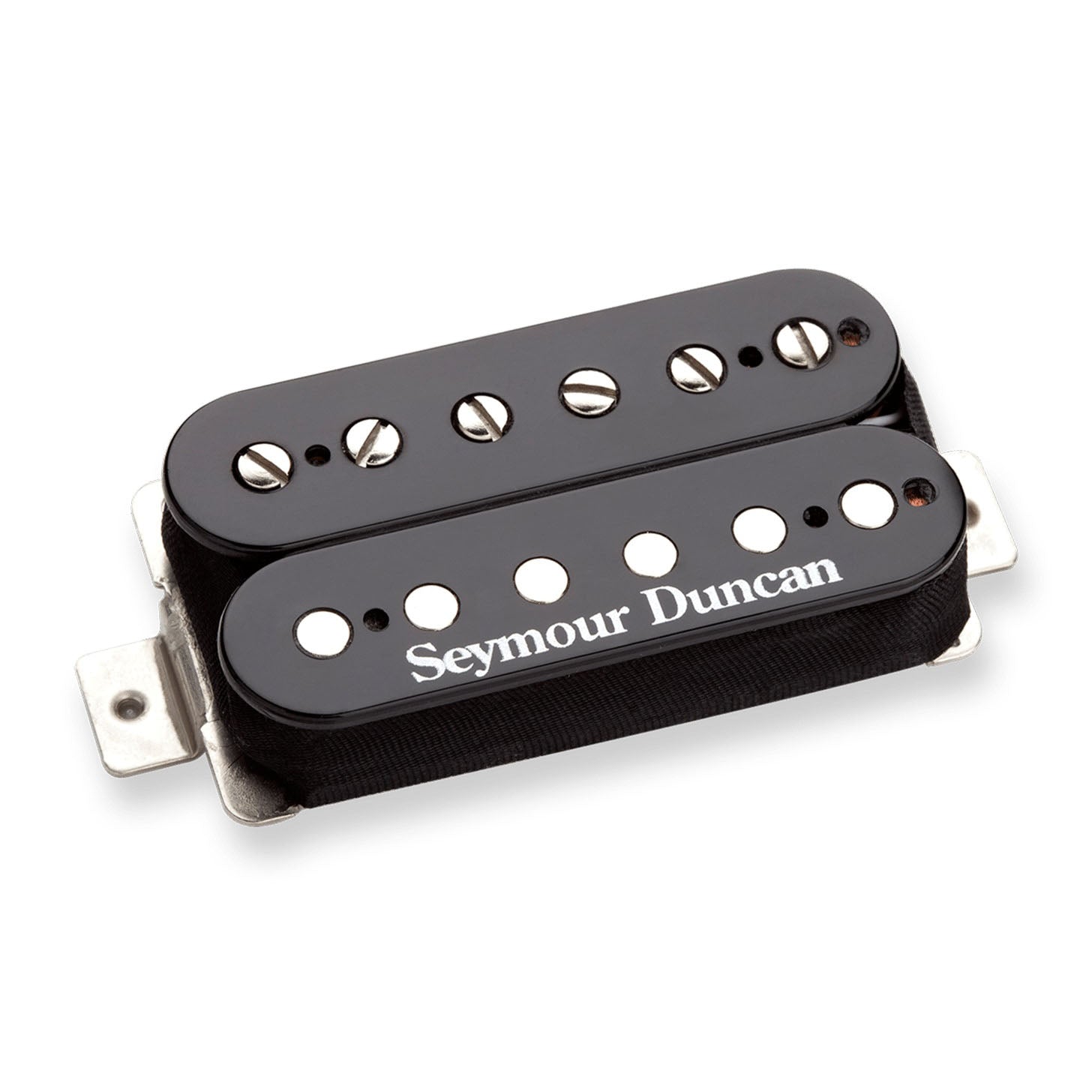 Black Seymour Duncan guitar humbucker pickup with adjustable pole screws on a white background.