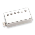 Metallic guitar pickup with six adjustable screws on its top surface.