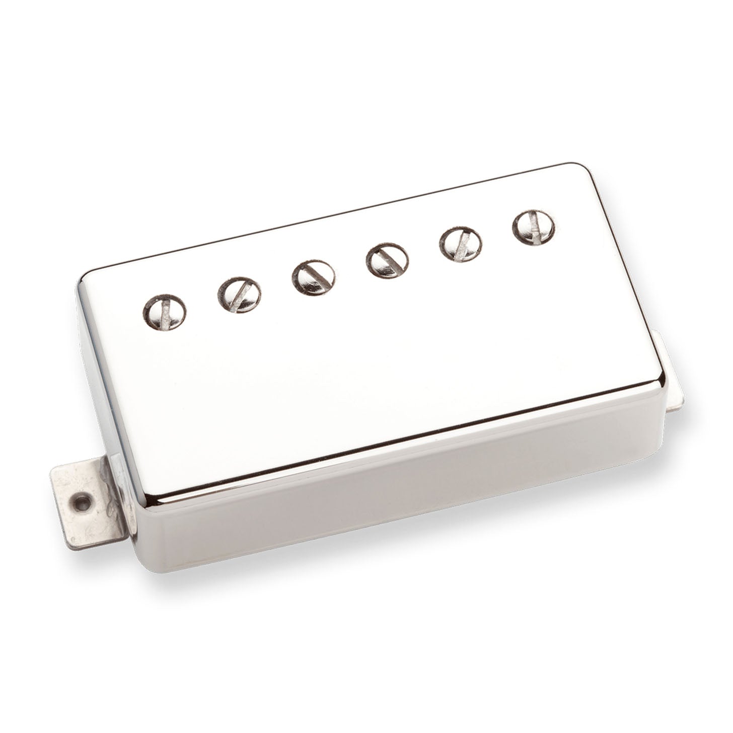 Metallic guitar pickup with six adjustable screws on its top surface.