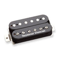 Black humbucker guitar pickup with six pole pieces and six screw pole pieces on metal baseplate.