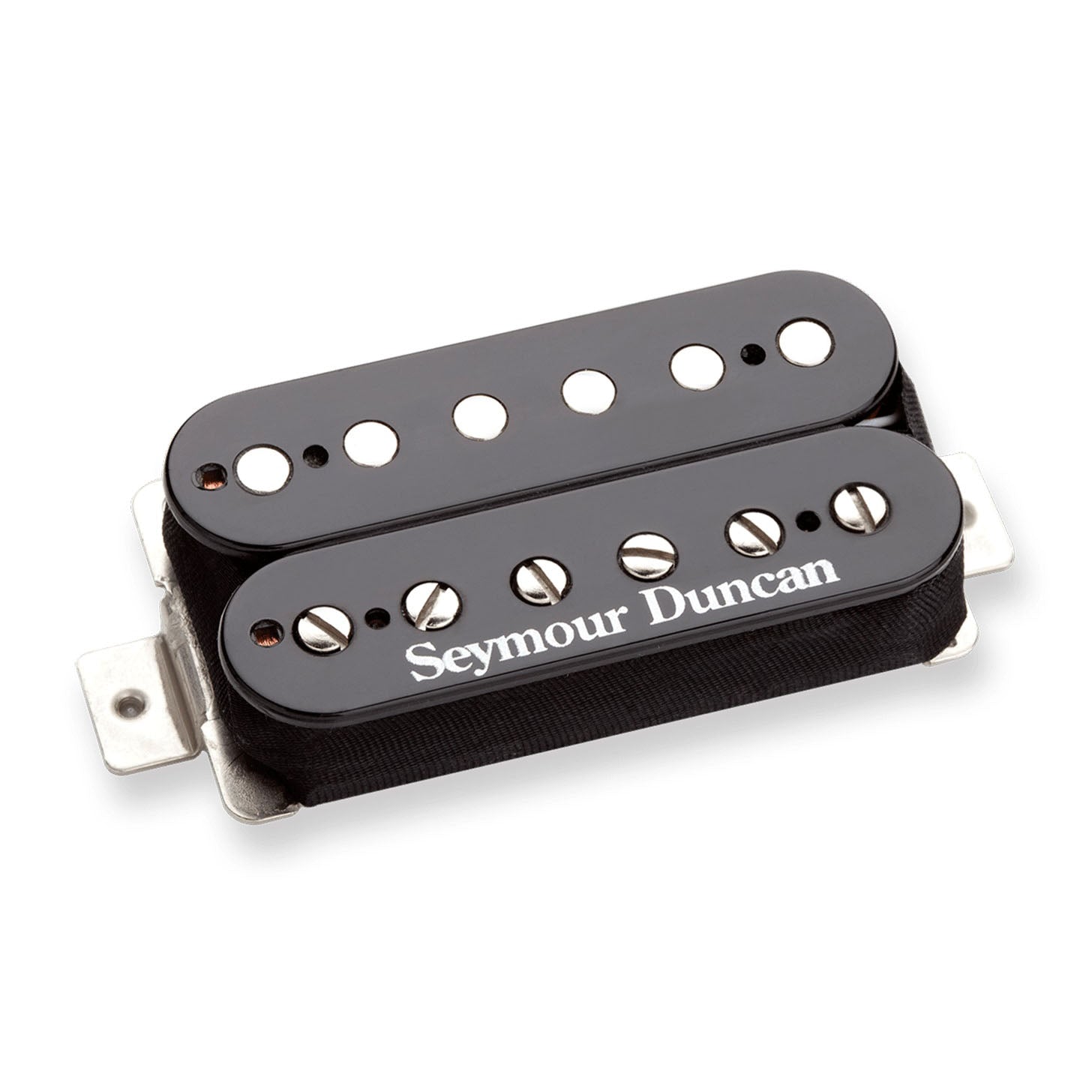 Black humbucker guitar pickup with six pole pieces and six screw pole pieces on metal baseplate.