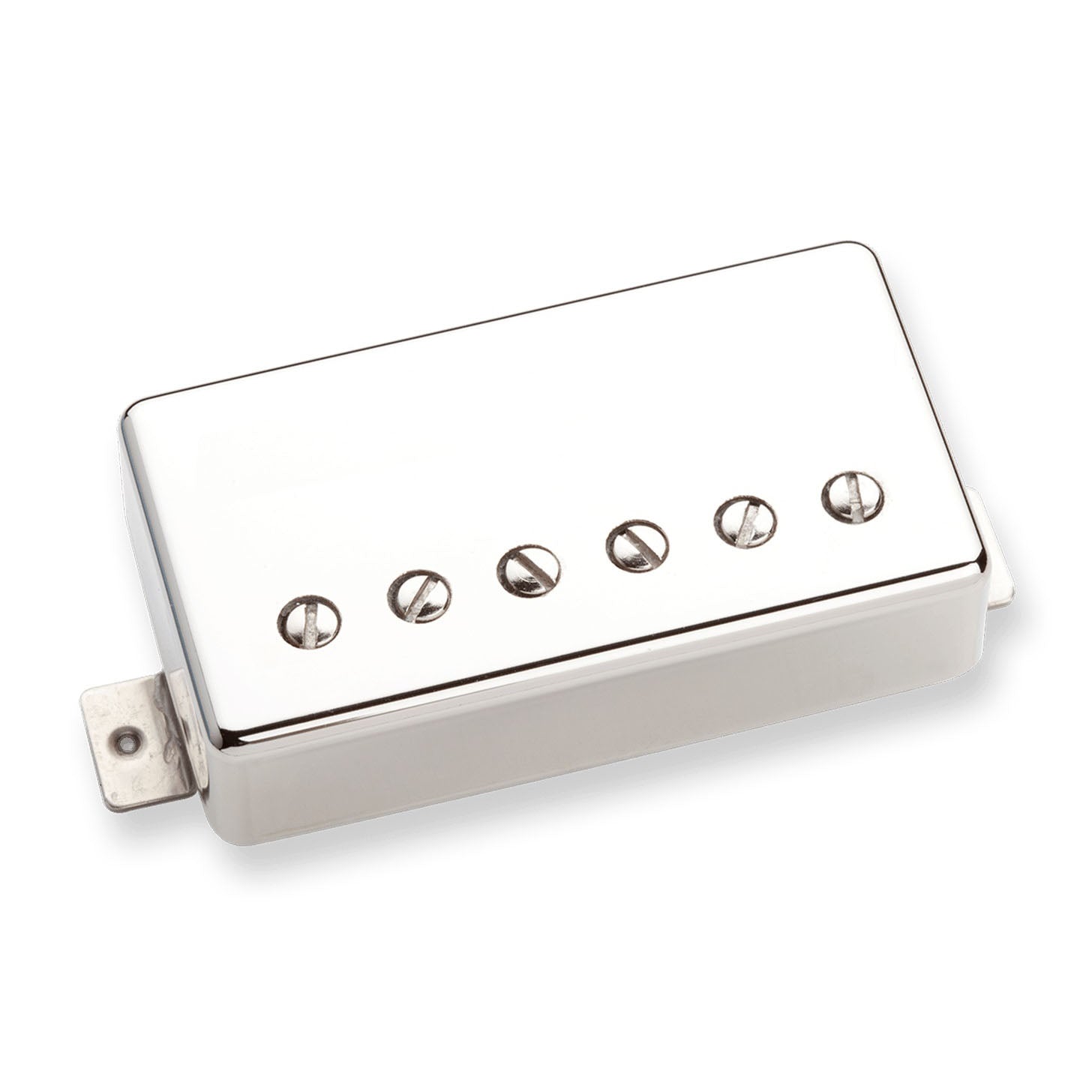 Rectangular metal guitar pickup with six adjustable pole screws and mounting tabs on each side.