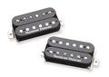 Two black Seymour Duncan humbucker guitar pickups with metal mounting tabs and adjustable pole screws.