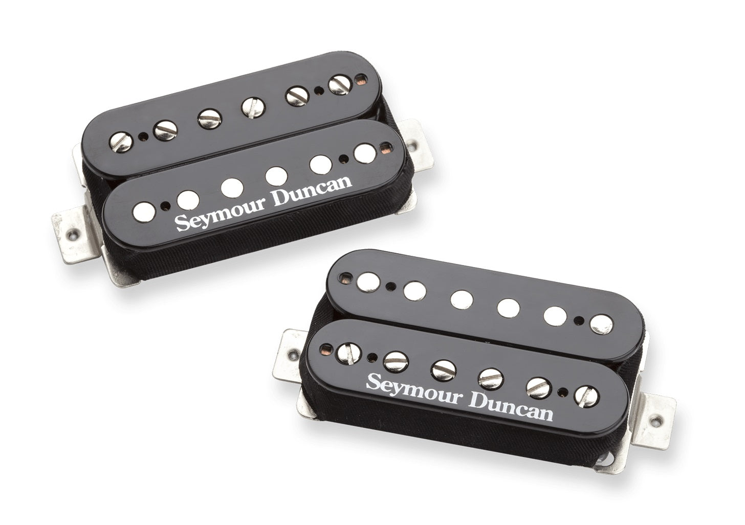 Two black Seymour Duncan humbucker guitar pickups with metal mounting tabs and adjustable pole screws.