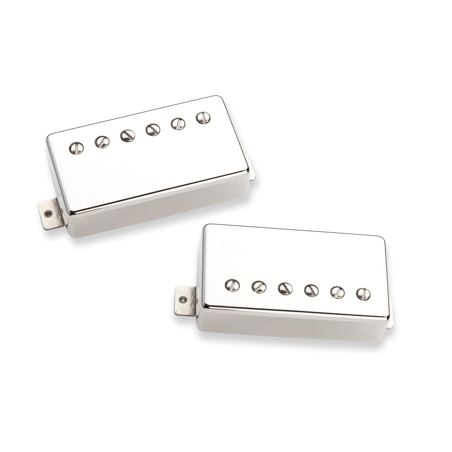 Two silver metal guitar pickups with six adjustment screws each on a white background.