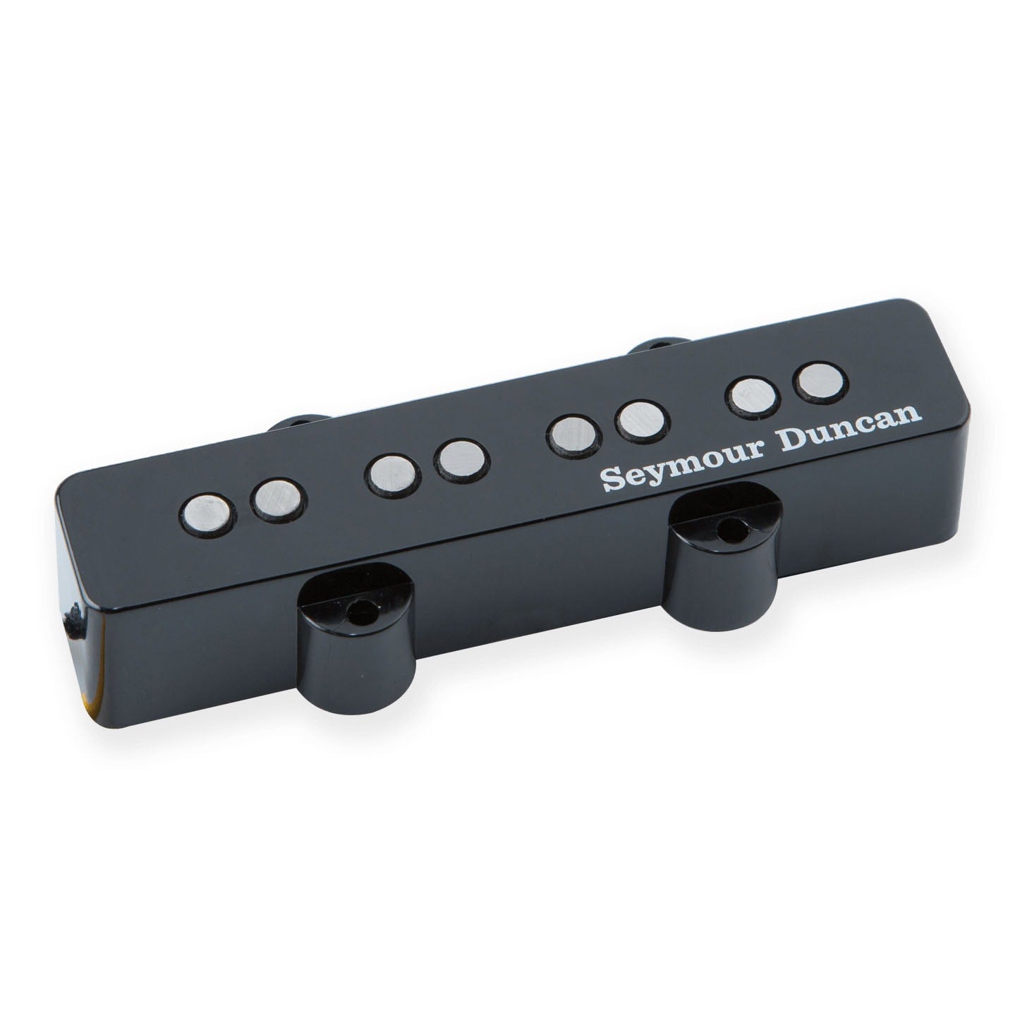 Black rectangular guitar pickup with six round silver pole pieces and Seymour Duncan branding.