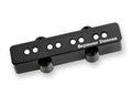 Black rectangular bass guitar pickup with six metal pole pieces and Seymour Duncan logo on the surface.