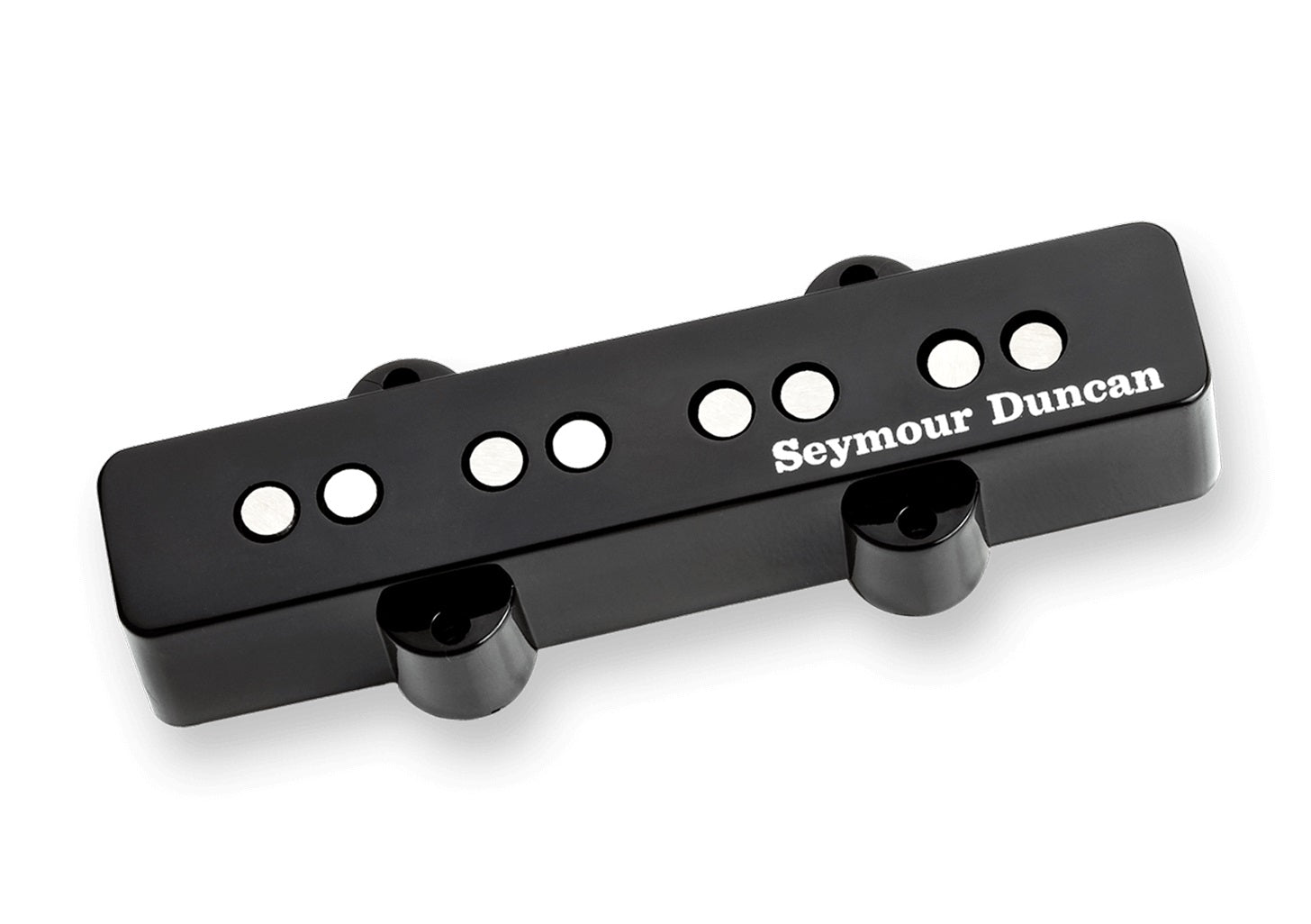 Black rectangular bass guitar pickup with six metal pole pieces and Seymour Duncan logo on the surface.