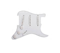 White guitar pickguard with three single-coil pickups, three control knobs, and a toggle switch.