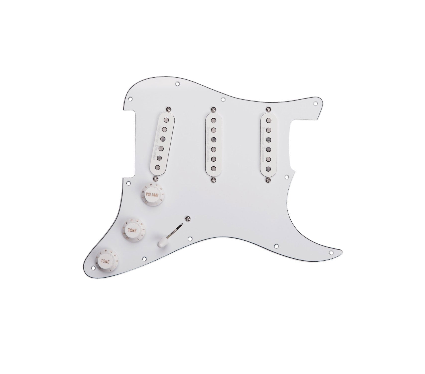 White guitar pickguard with three single-coil pickups, three control knobs, and a toggle switch.