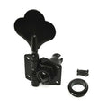Black metal bass guitar tuning peg with mounting plate, round nut, and screws on a white background.