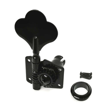 Black metal bass guitar tuning peg with mounting plate, round nut, and screws on a white background.