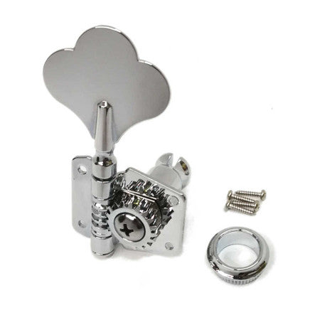 Chrome-colored bass guitar tuner with three screws and a washer on a white background.