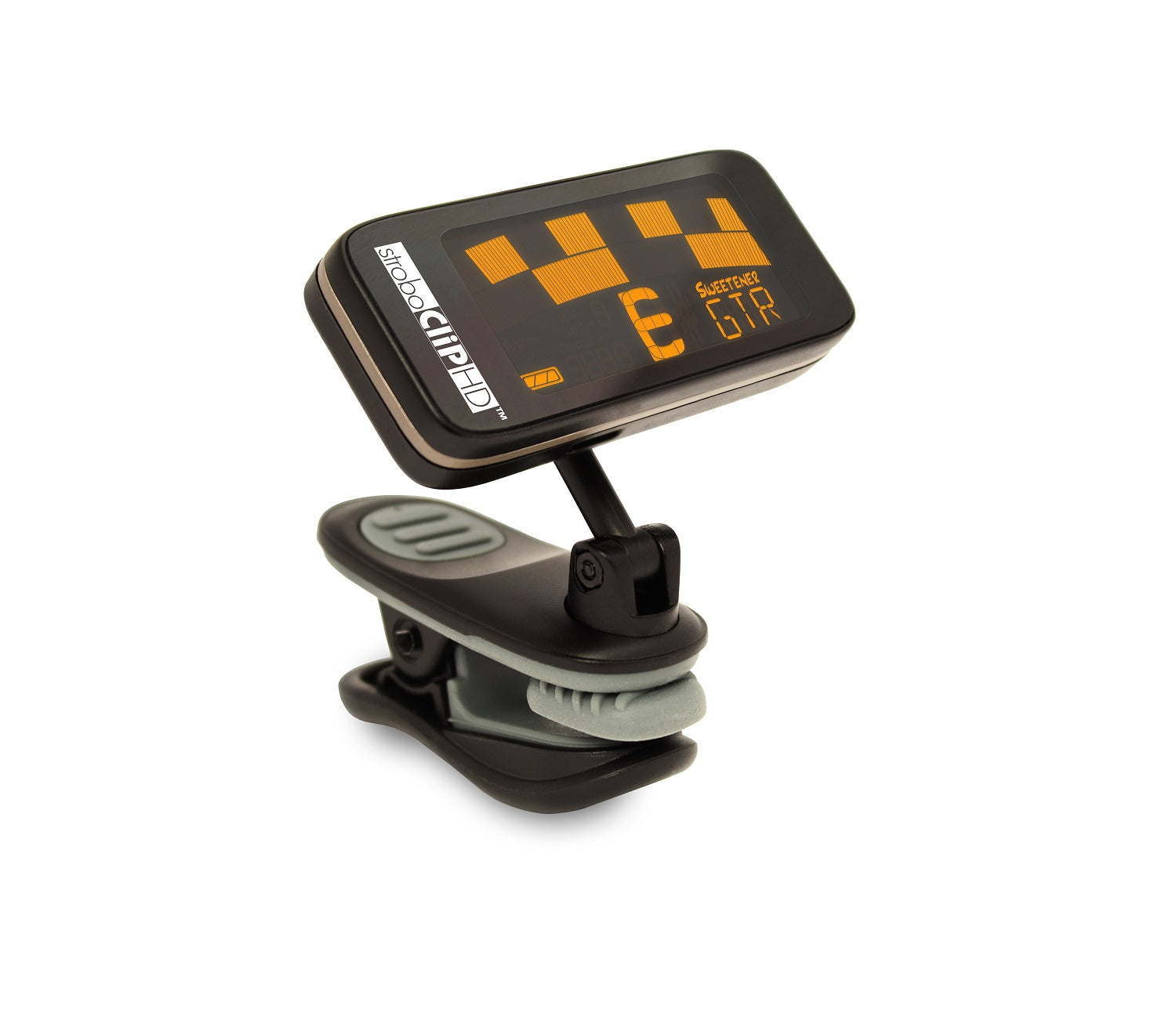 Black and grey clip-on tuner with orange digital display showing tuning information and text stroboCLIP HD.