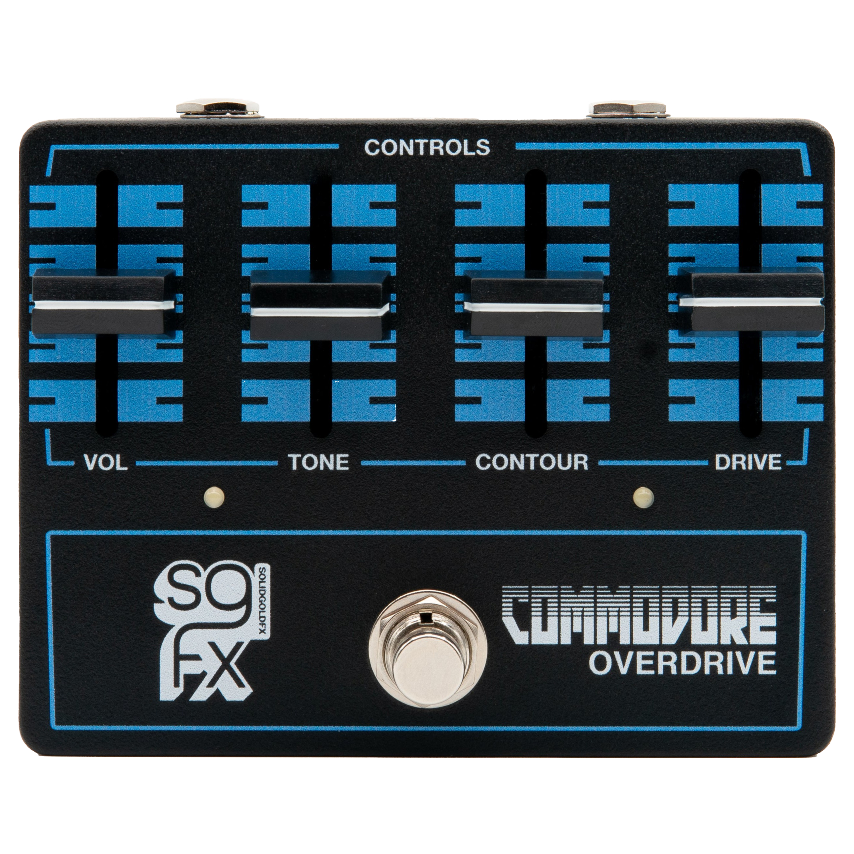 Black overdrive pedal with blue accents and four slider controls labeled Vol, Tone, Contour, and Drive.