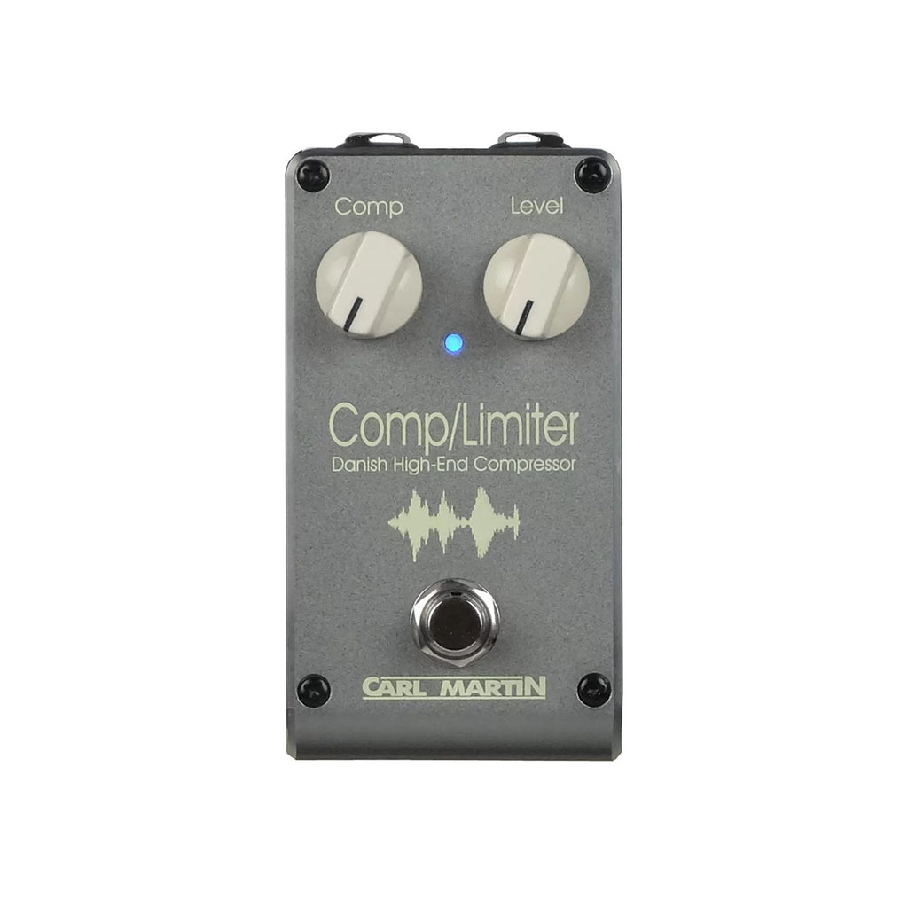 Gray guitar pedal with two knobs labeled Comp and Level, a blue LED, and a footswitch.