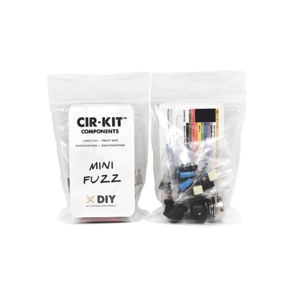 Two clear plastic bags containing assorted electronic components labeled CIR-KIT Components Mini Fuzz.