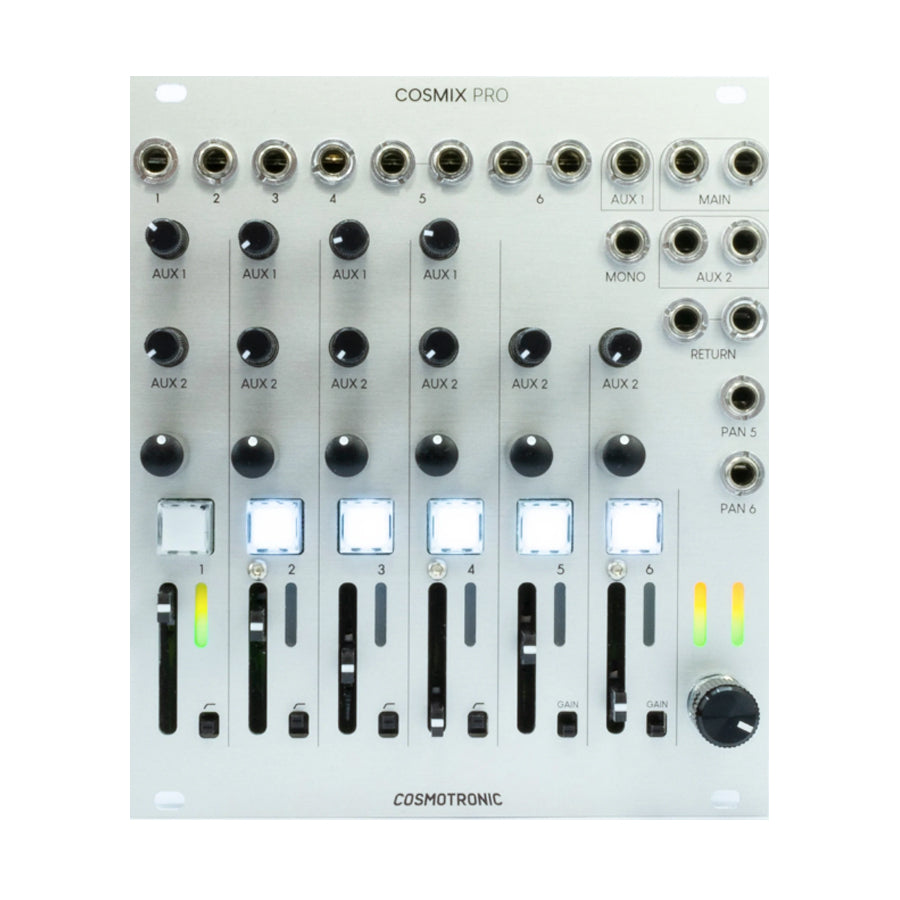 Silver audio mixer module with six channels featuring knobs, sliders, buttons, and multiple 1/4 inch input/output jacks.