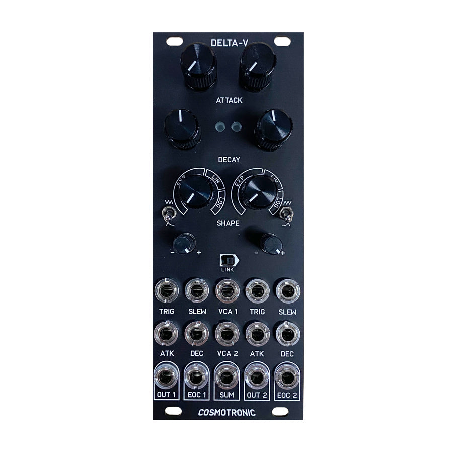 Black Cosmotronic module panel with knobs, switches, and multiple 3.5mm jacks labeled for eurorack use.