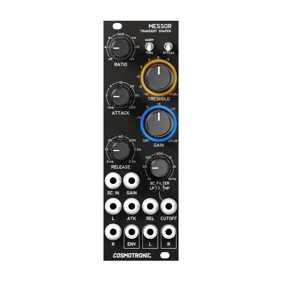 Black Cosmotronic Messor transient shaper eurorack module with knobs, switches, and 3.5mm jack inputs and outputs