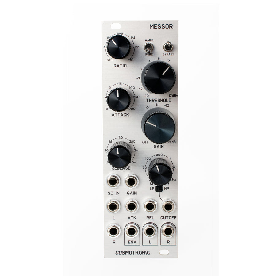 Silver front panel eurorack module with knobs, toggle switches, and multiple 3.5mm jacks labeled for audio controls.