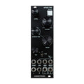 Black modular synthesizer panel with knobs, toggle switch, push button and 3.5mm audio jacks labeled with various controls.