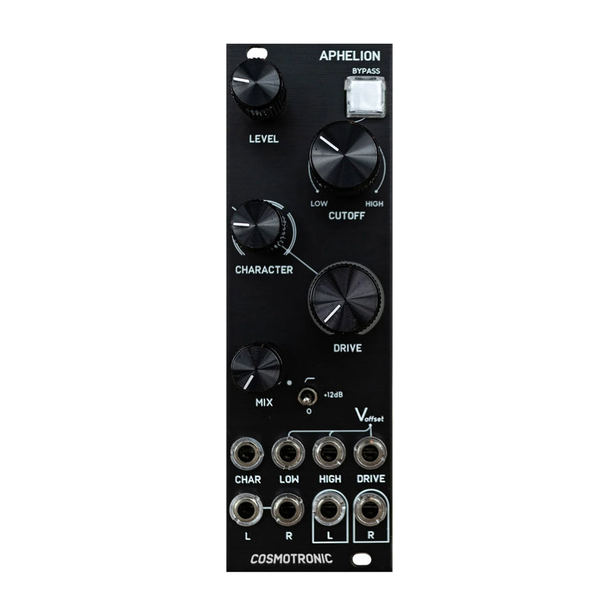 Black modular synthesizer panel with knobs, toggle switch, push button and 3.5mm audio jacks labeled with various controls.